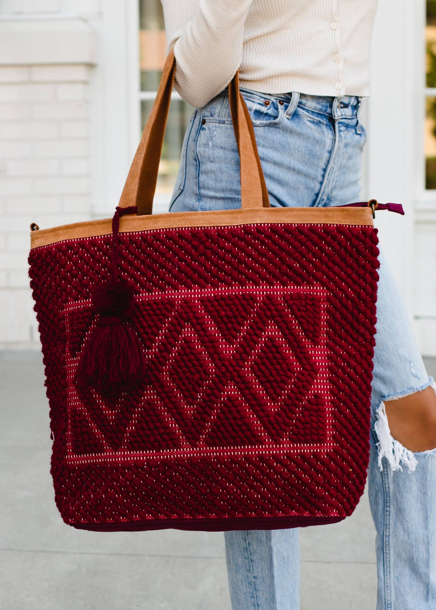 Woven Burgundy Diamond Pattern Tote