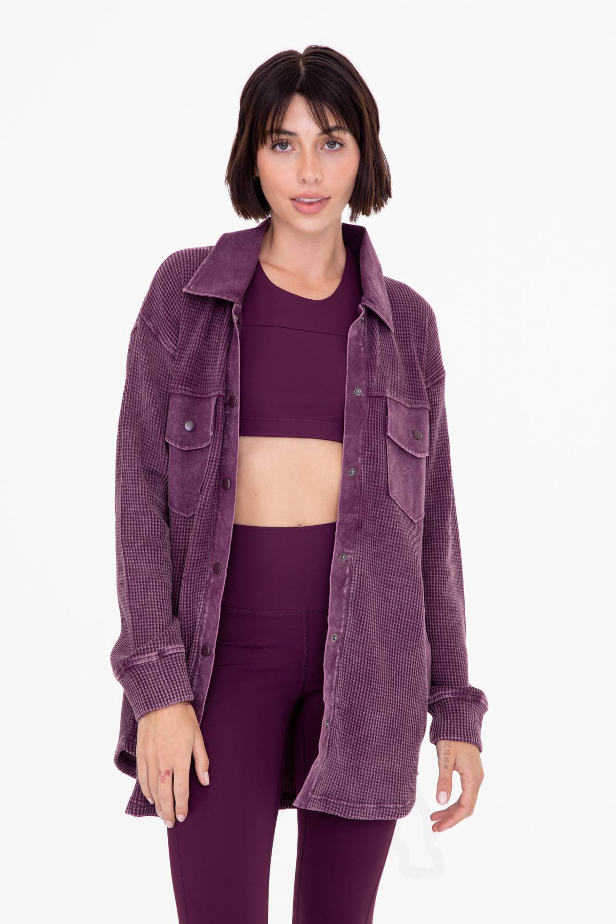 Waffle Knit Mineral-Washed Button Down Jacket