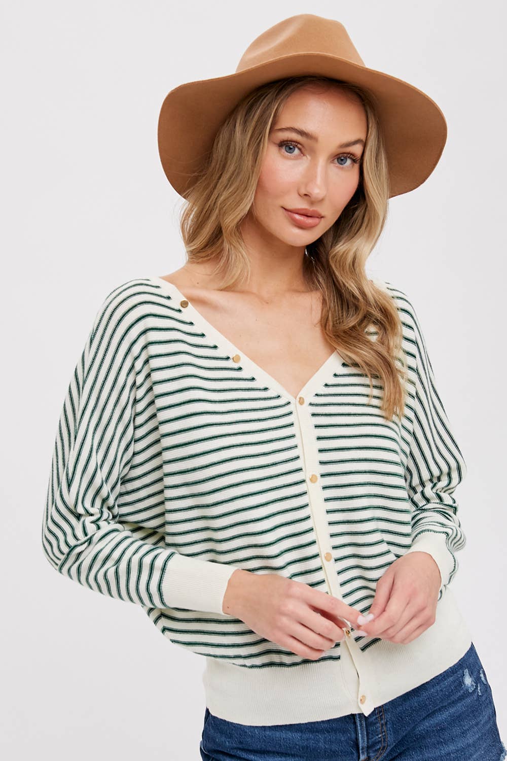GREEN V NECK STRIPE DOLMAN PULLOVER
