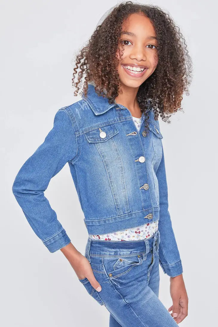 Girls Basic Denim Jacket With Removable Hoodie