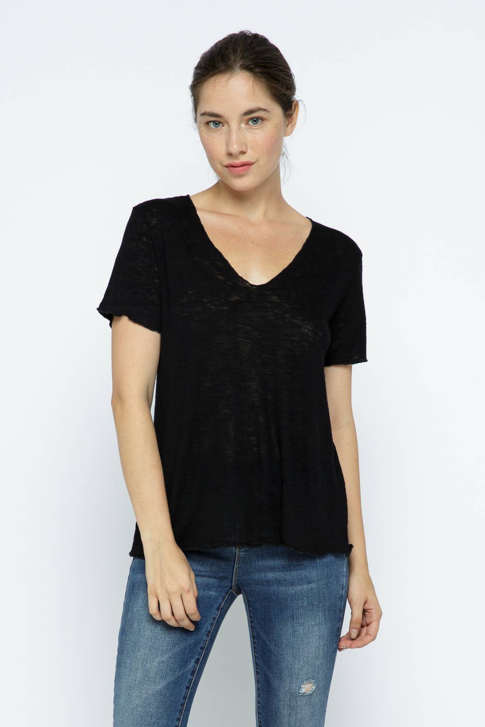 Black Slub Short Sleeve Scoop Neck Tee