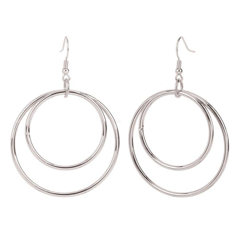 Silver Double Circles Dangle Earrings