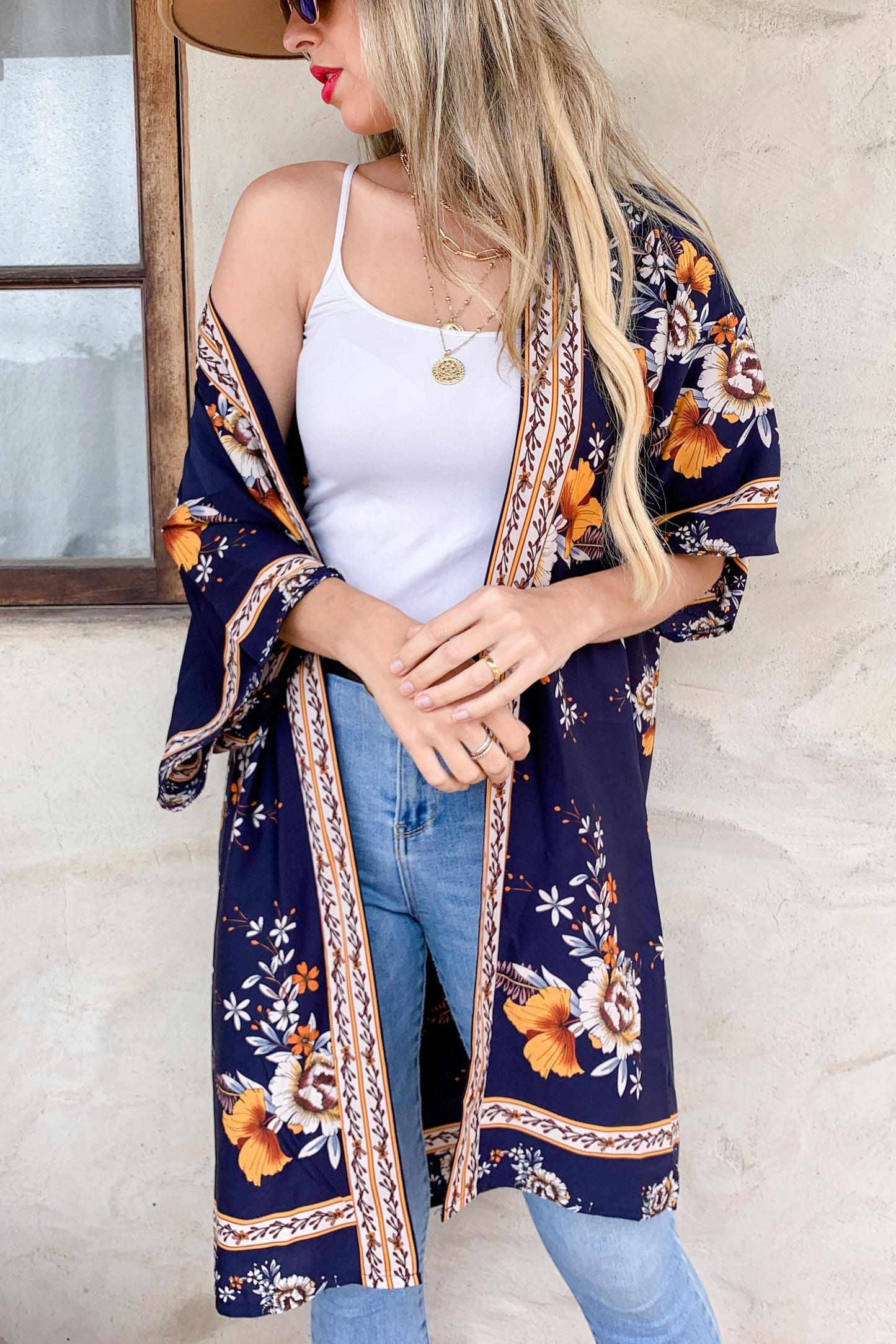 Navy Floral Border Printed Kimono Cardigan Cover Up