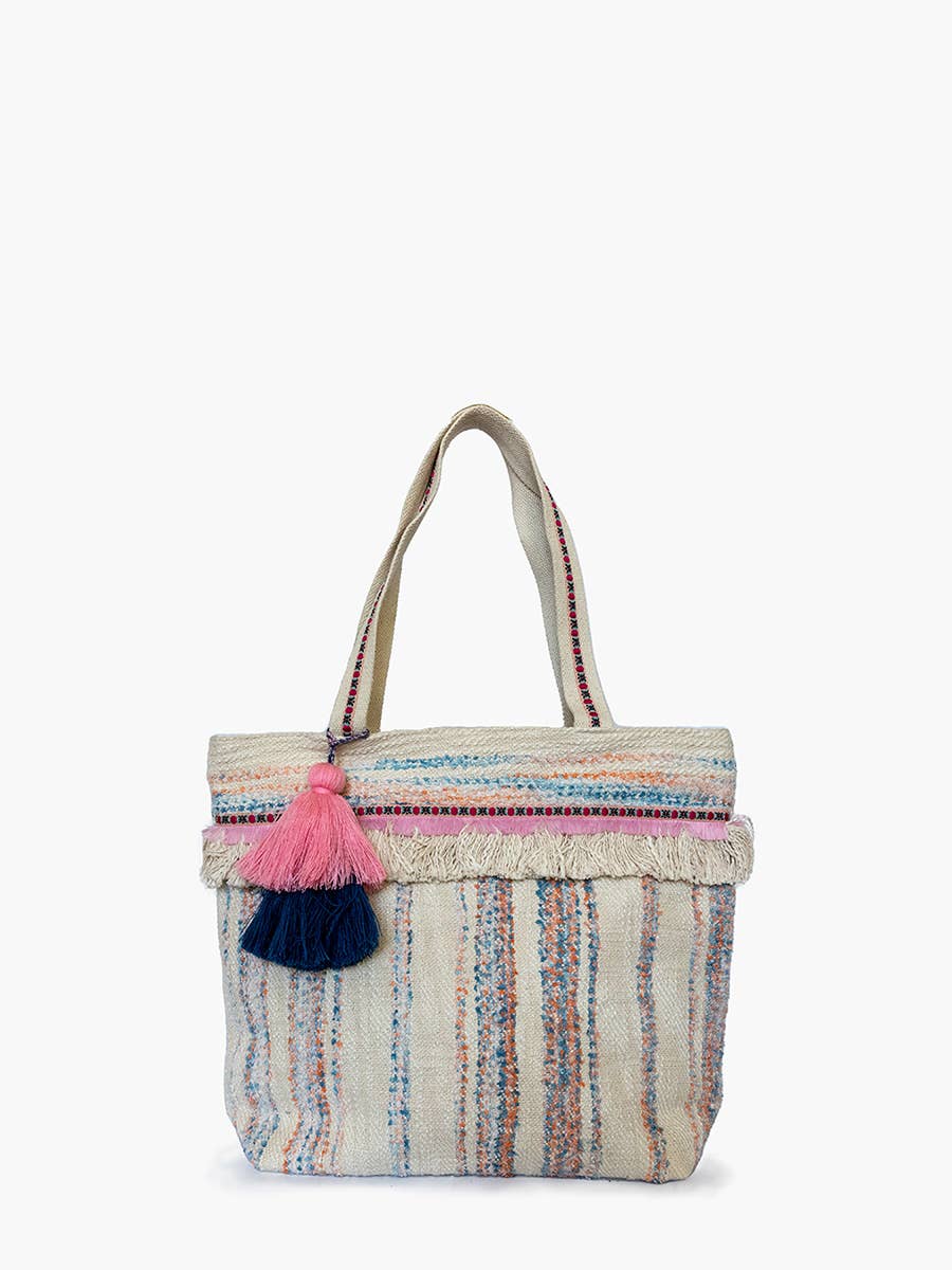 Vivi Striped Cotton Tote w/ Fringe & Tassels