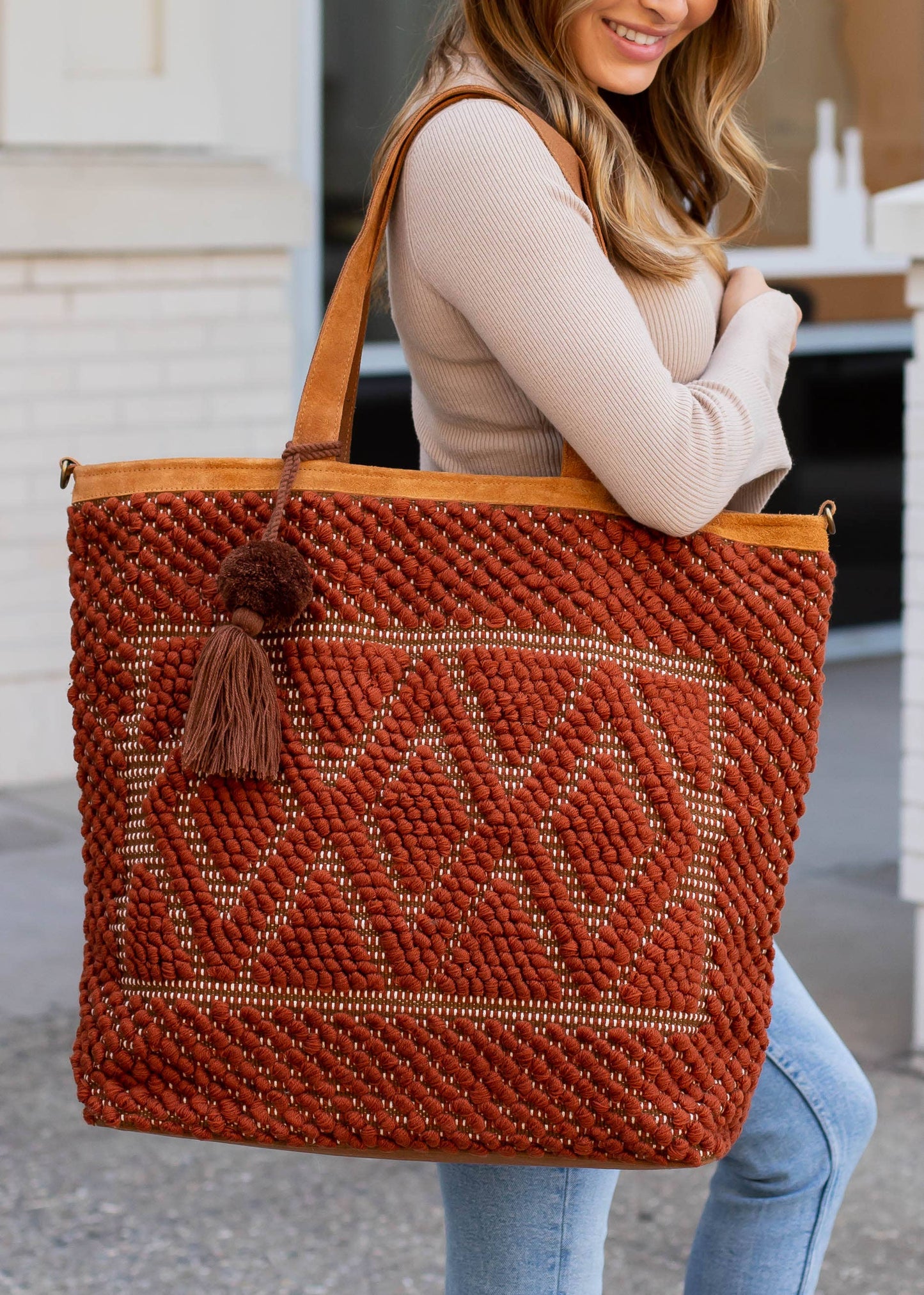 Rust Woven Diamond Pattern Tote