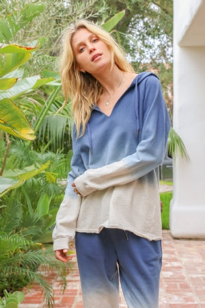 TIE DYE RAW CUT EDGE V NECK HOODIE PULLOVER