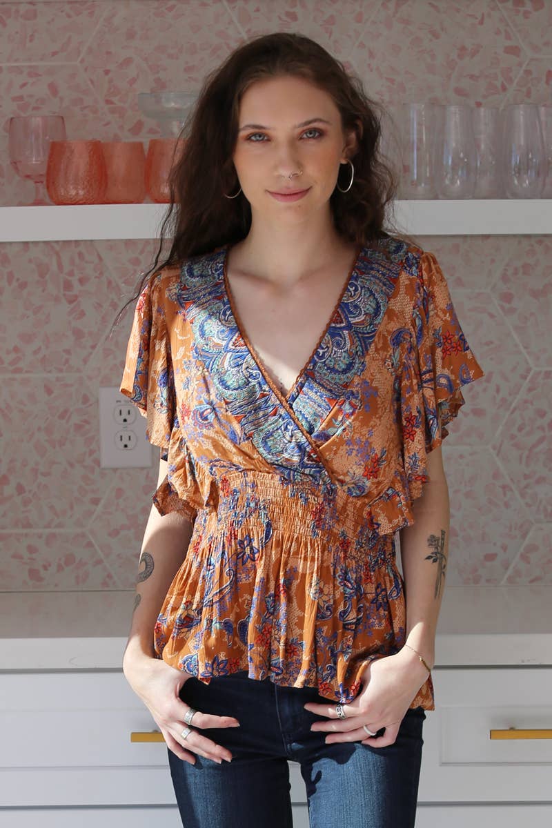 V NECK RUFFLE DETAIL SMOCKED WAIST BLOUSE