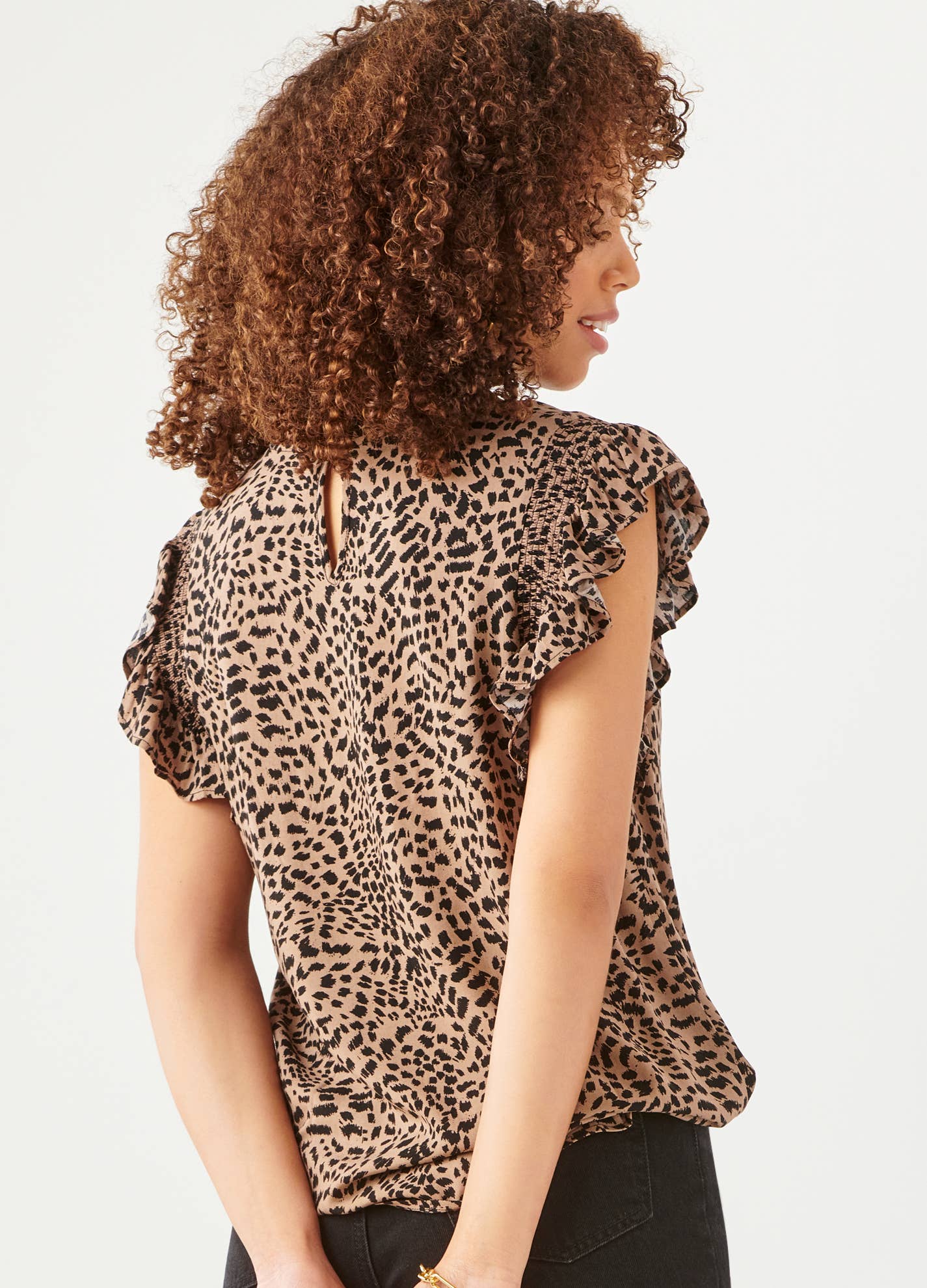 Nala Leopard Rayon Ruffle Neck Top