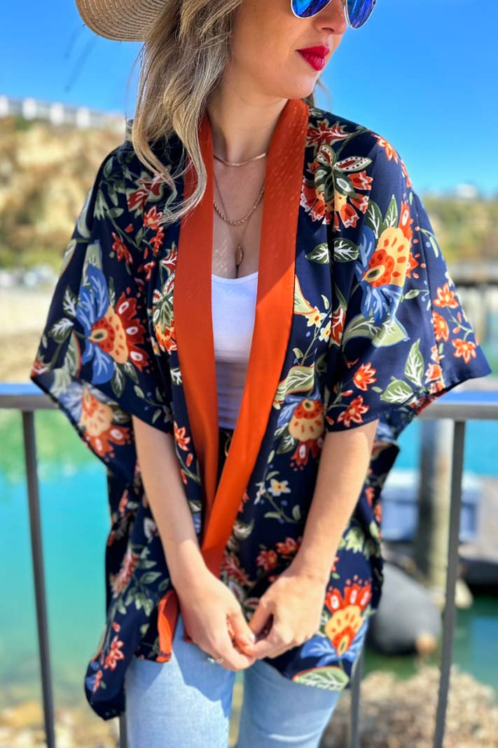 Navy Floral Printed Kimono Cardigan Cover Up