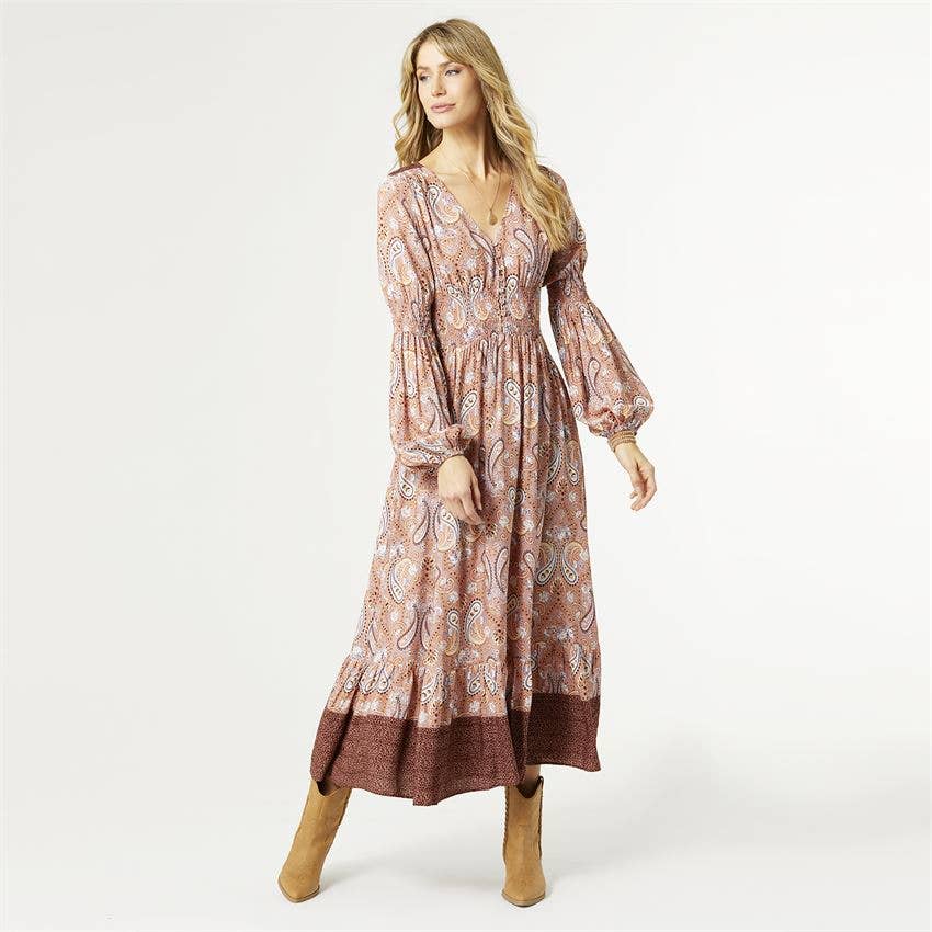 Kyla Dusty Rose Paisley Long Sleeve V-Neck Dress
