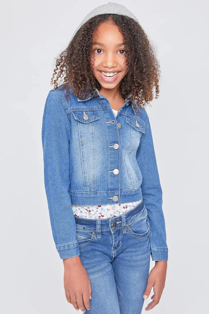 Girls Basic Denim Jacket With Removable Hoodie