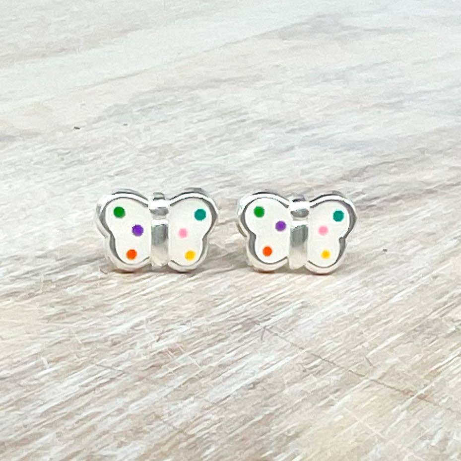 Girls White Butterfly With Polka Dots Sterling Earrings