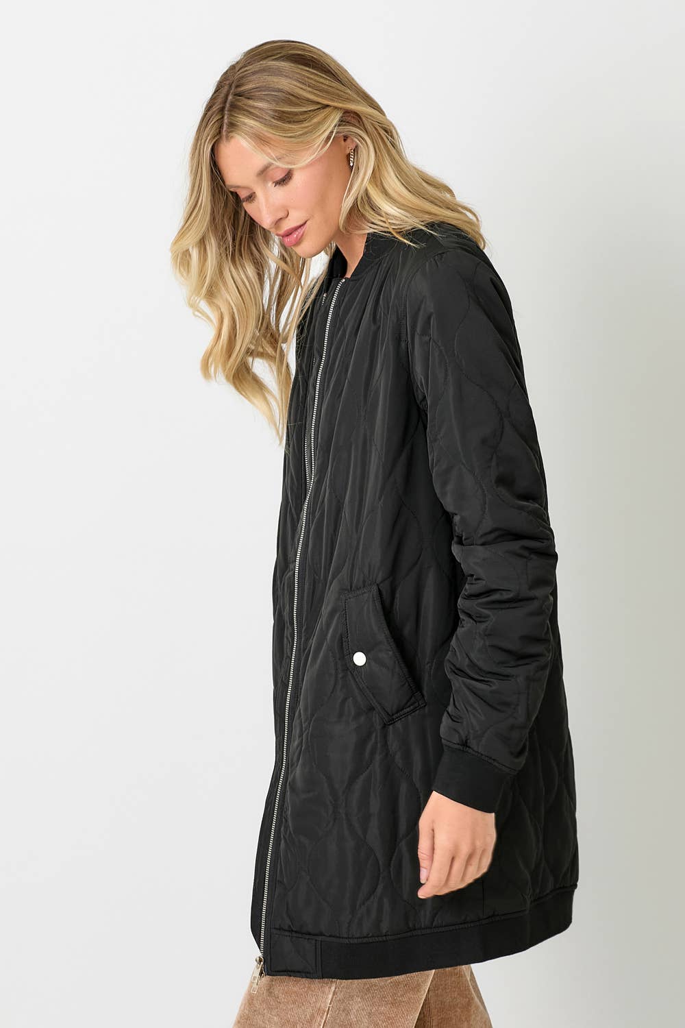Mystree - 60268 Quilted Long Bomber Jacket Mystree