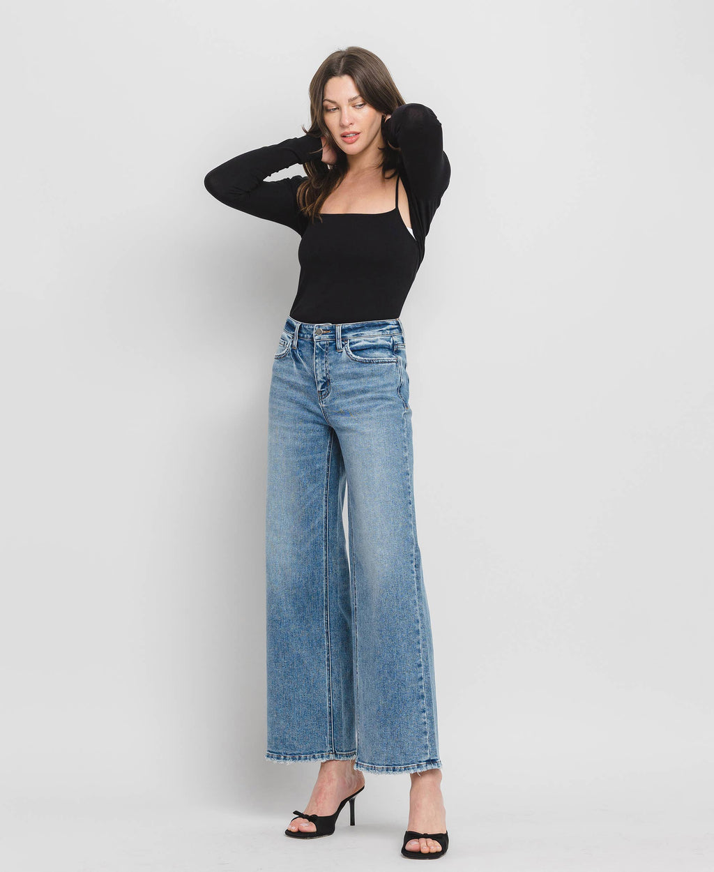High Rise Wide Leg Jeans - Full Length Comfort Stretch Denim