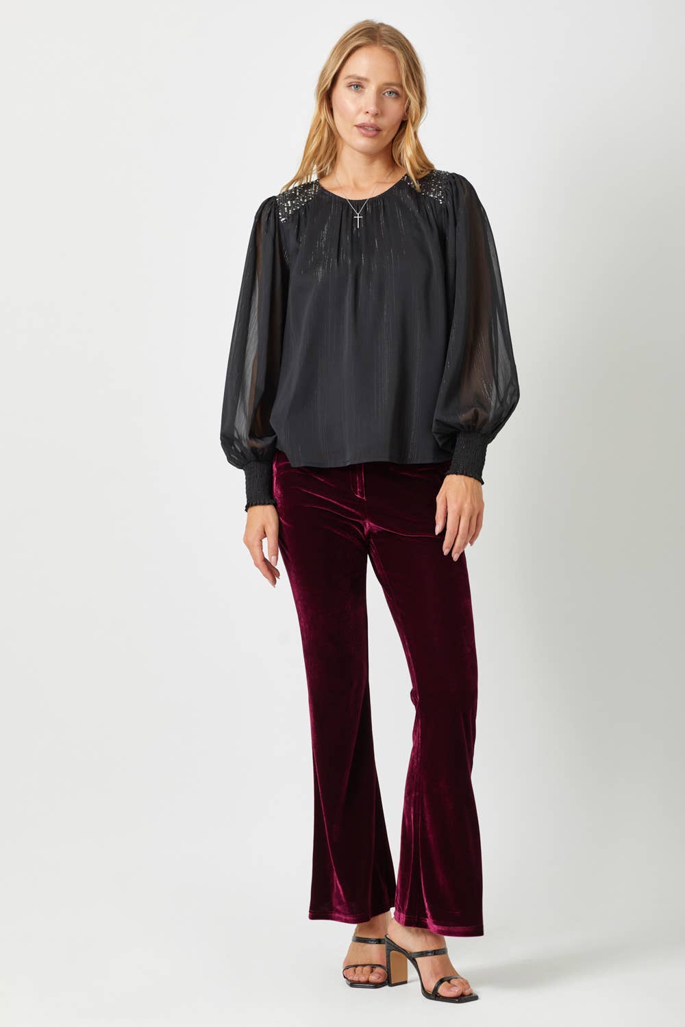 Black Flowy Glitter Chiffon Blouse Fall-Winter Mystree