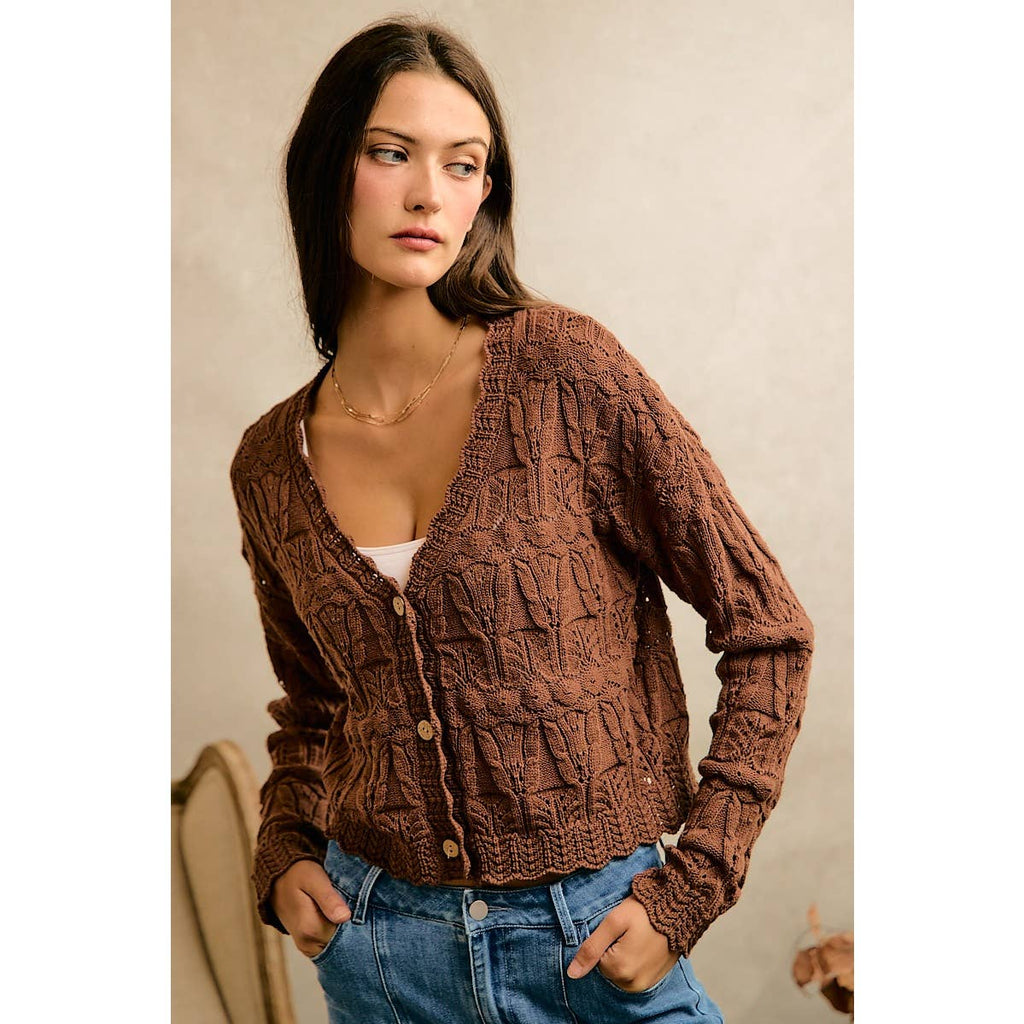 Textured Scallop Edge Button Cardigan Sweater