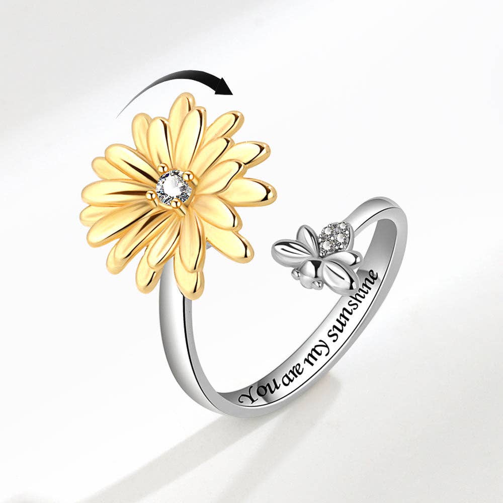 Daisy Flower Bee Anxiety Fidget Spinner Ring in Solid Copper: Silver Core Perimade & Co. LLC