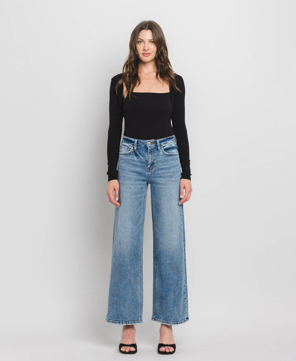High Rise Wide Leg Jeans - Full Length Comfort Stretch Denim