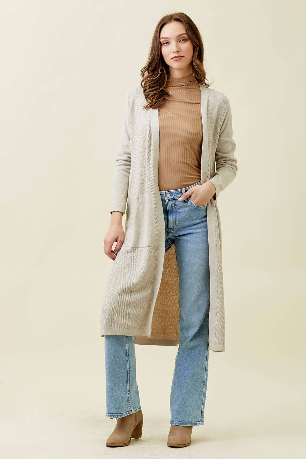 Almond Sweater Open Long Cardigan Fall-Winter Mystree