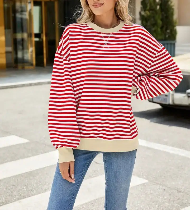 Striped Crew Neck Contrast Color Loose Long Sleeve Sweater