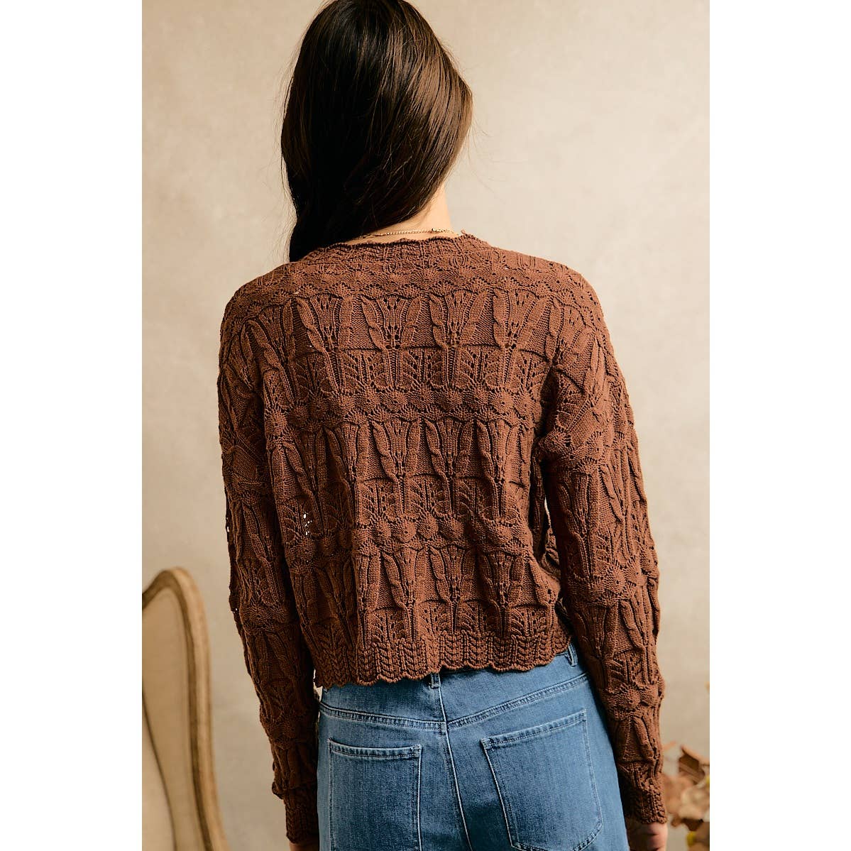 Textured Scallop Edge Button Cardigan Sweater