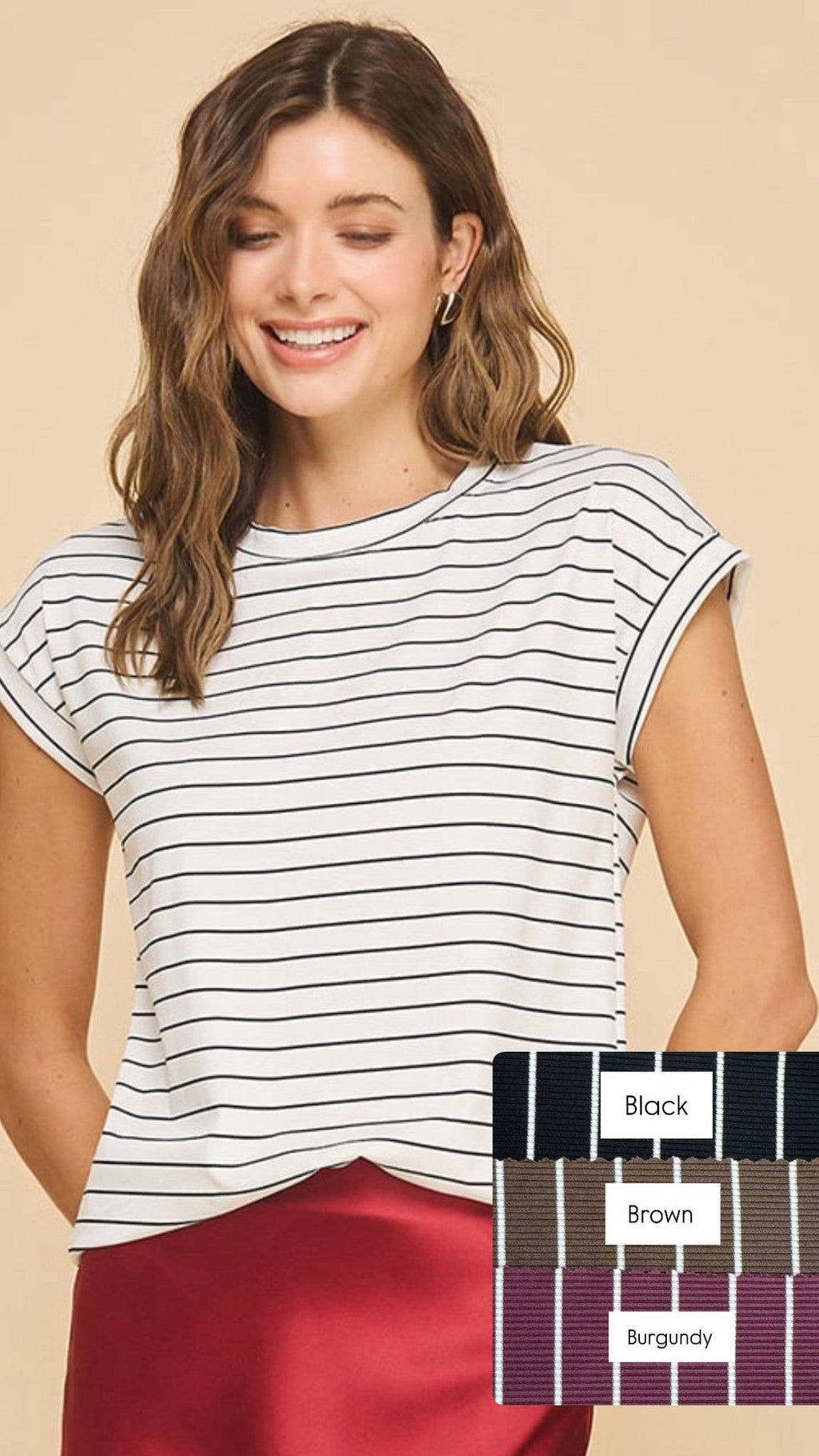 Amicis Kate T-shirt rib stripe cuffed crewneck made in USA size S model