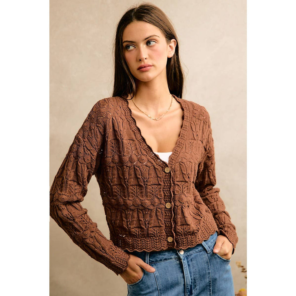 Textured Scallop Edge Button Cardigan Sweater