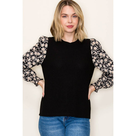 FLORAL SLEEVE SMOCKED CUFF PULLOVER TOP STACCATO