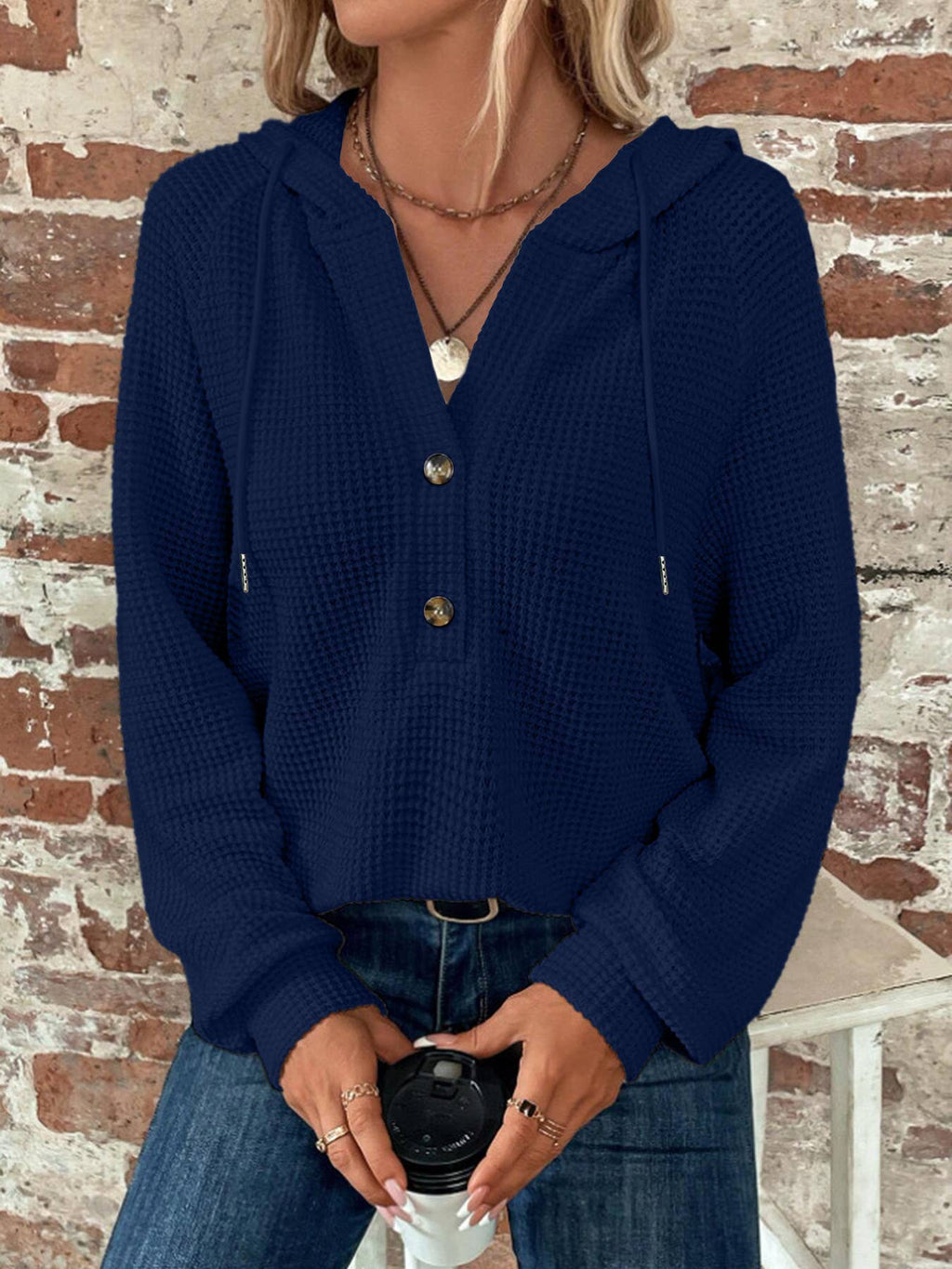 Waffle Knit Hoodie | Solid Color Button-Up Pullover XS–XXL