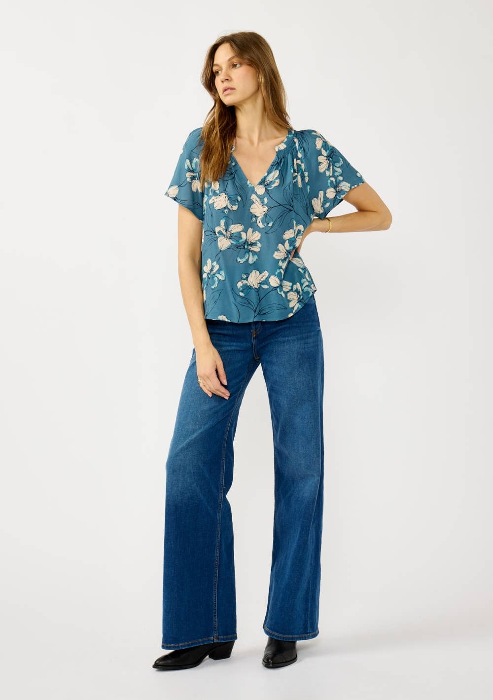 Floral Blouse - Teal Smocked Split-Neck Short Sleeve | 100% Rayon