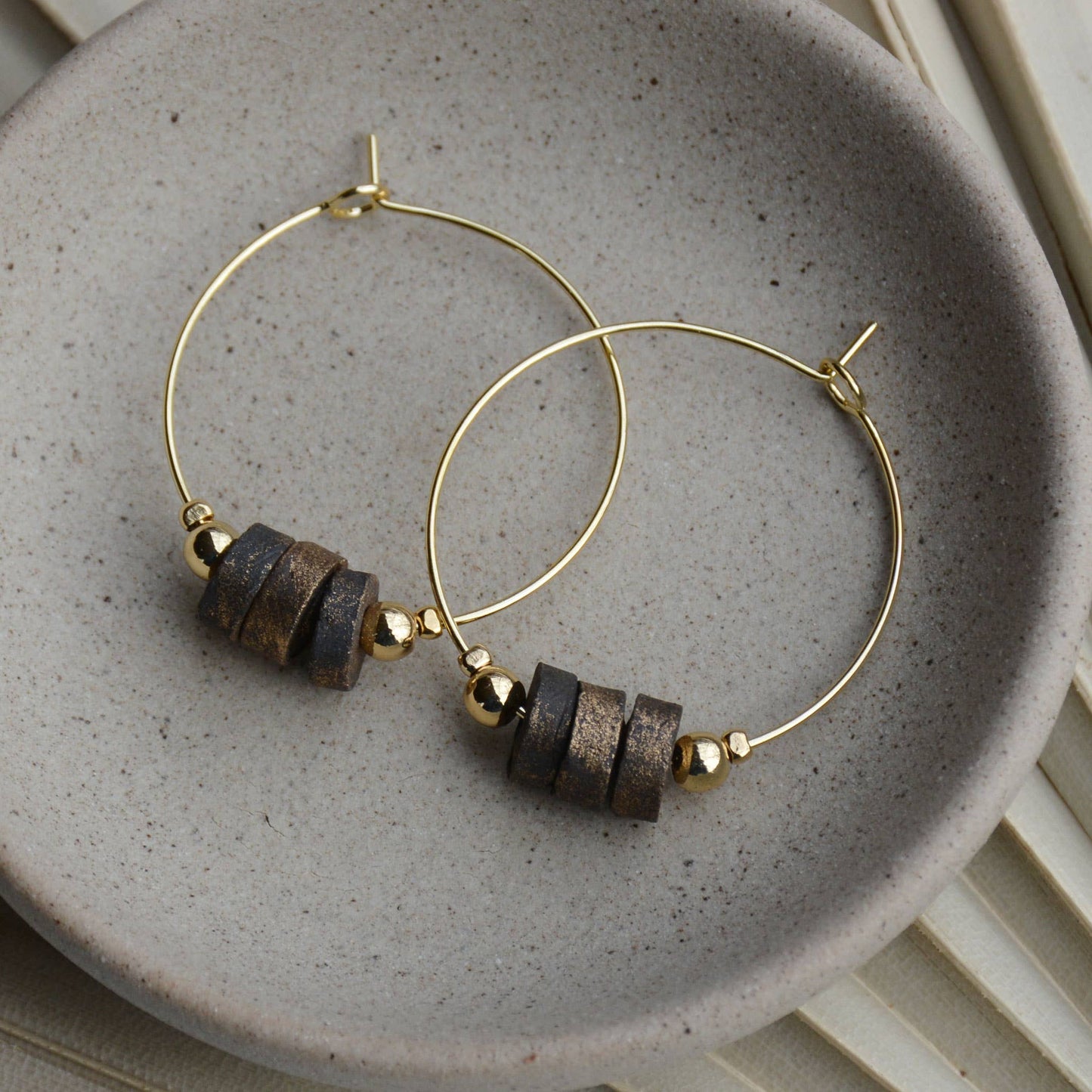 Brushed Gold Pit Fire | Flat Clay Bead Gold Hoop Earrings Core Bel Koz Haiti