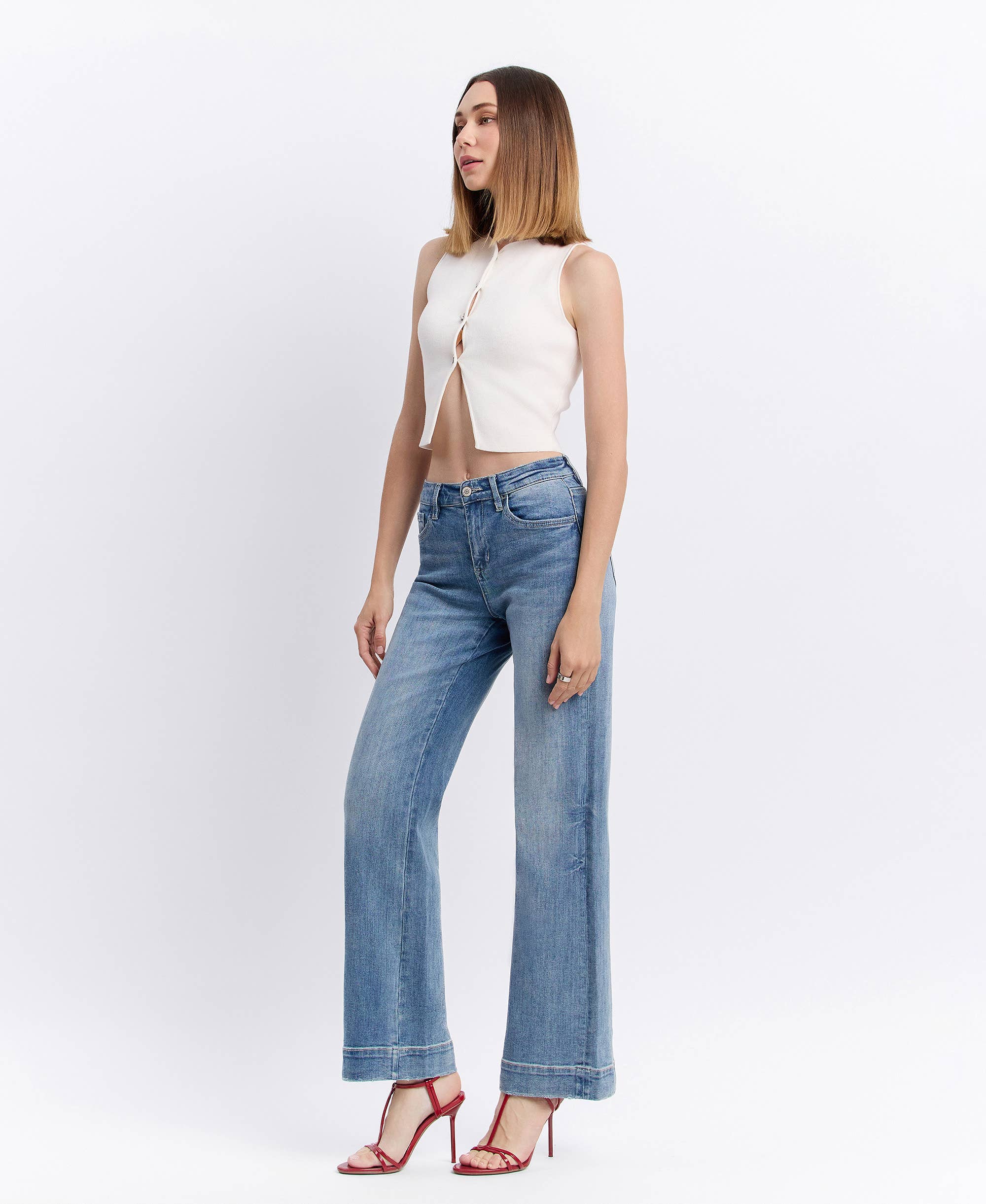 Wide Leg Jeans – High Rise Trouser Hem Full Length Denim