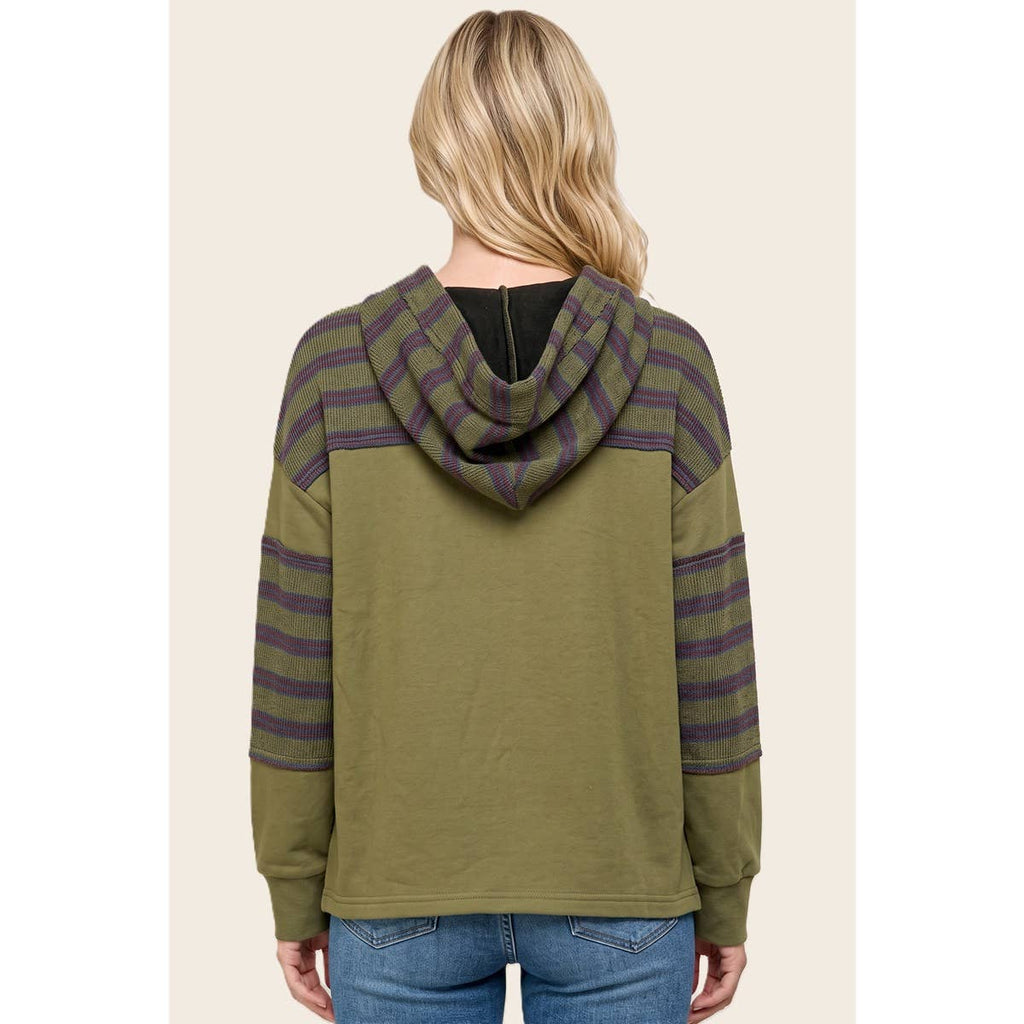 STRIPE MIXED DRAWSTRING HOODIE