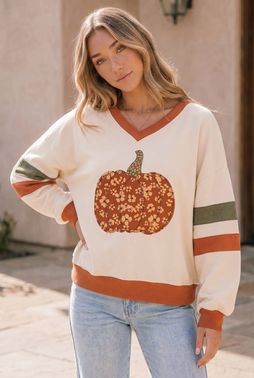 Floral Pumpkin V Neck Sweatshirt