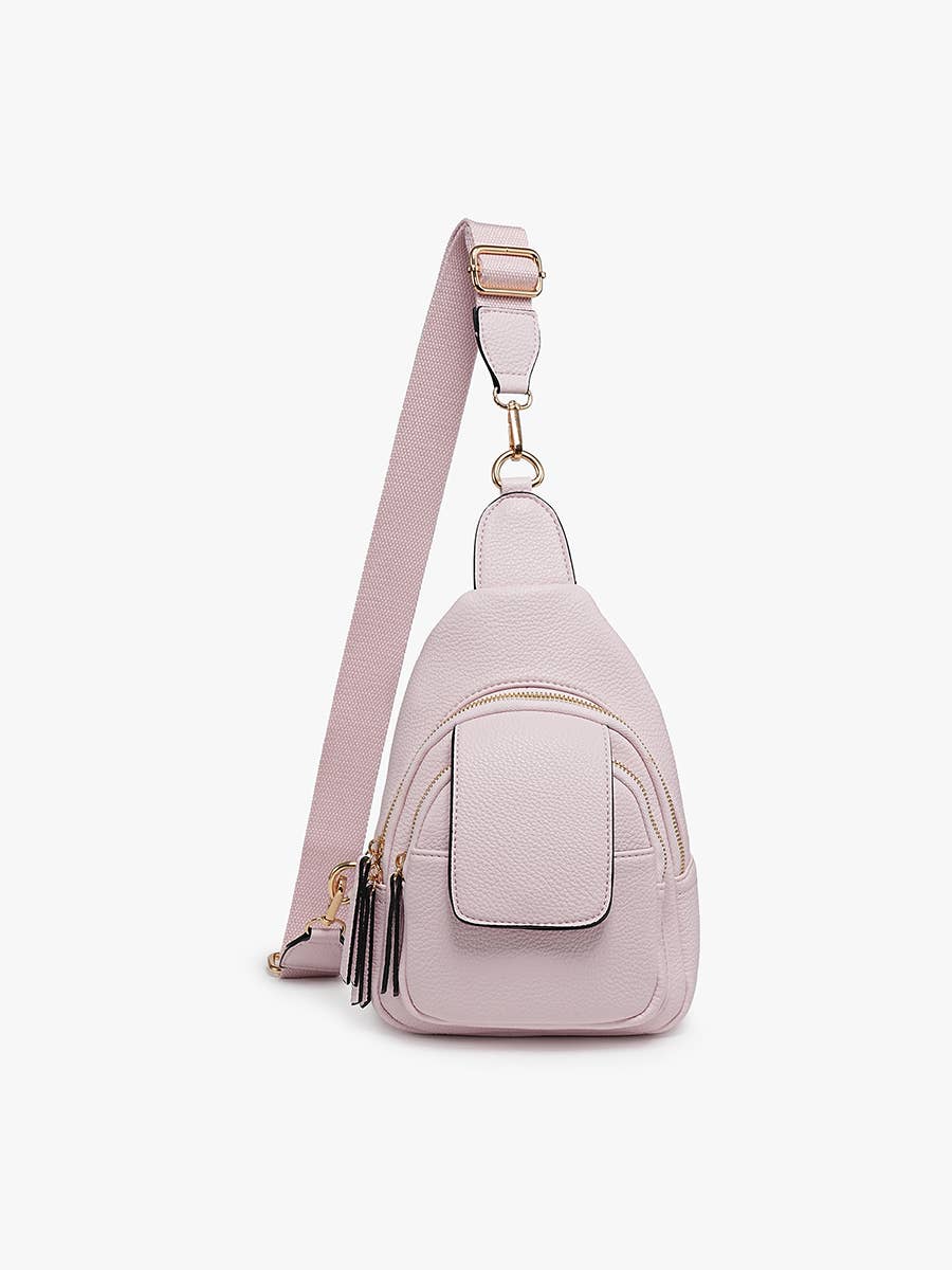 Sophia Sling Bag with flapover pocket, zipper and snap closures, adjustable strap, in stylish fall design