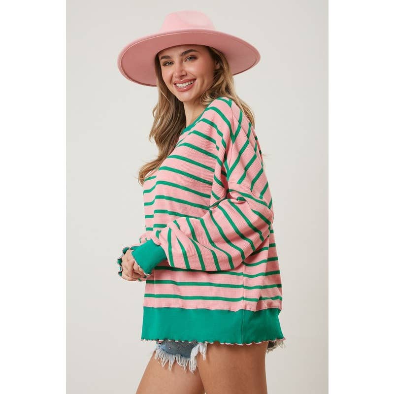 Oversized Pink and Green  Stripe Knit Top Spring-Summer STYLE USA