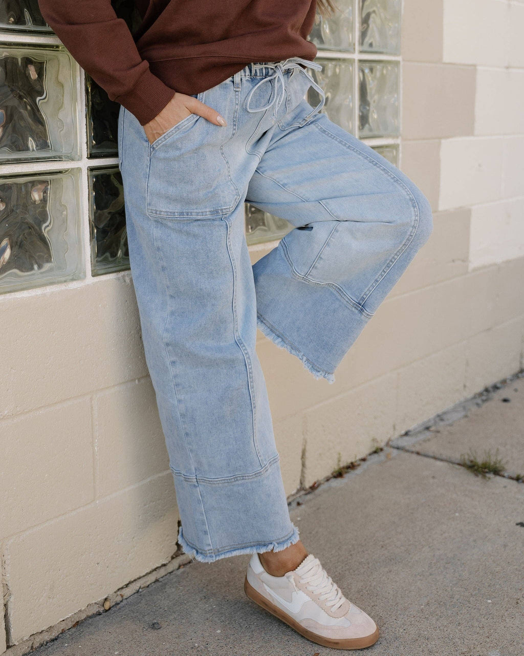 Beau Blue Cropped Jeans wide-leg women's denim with raw hem and drawstring waist