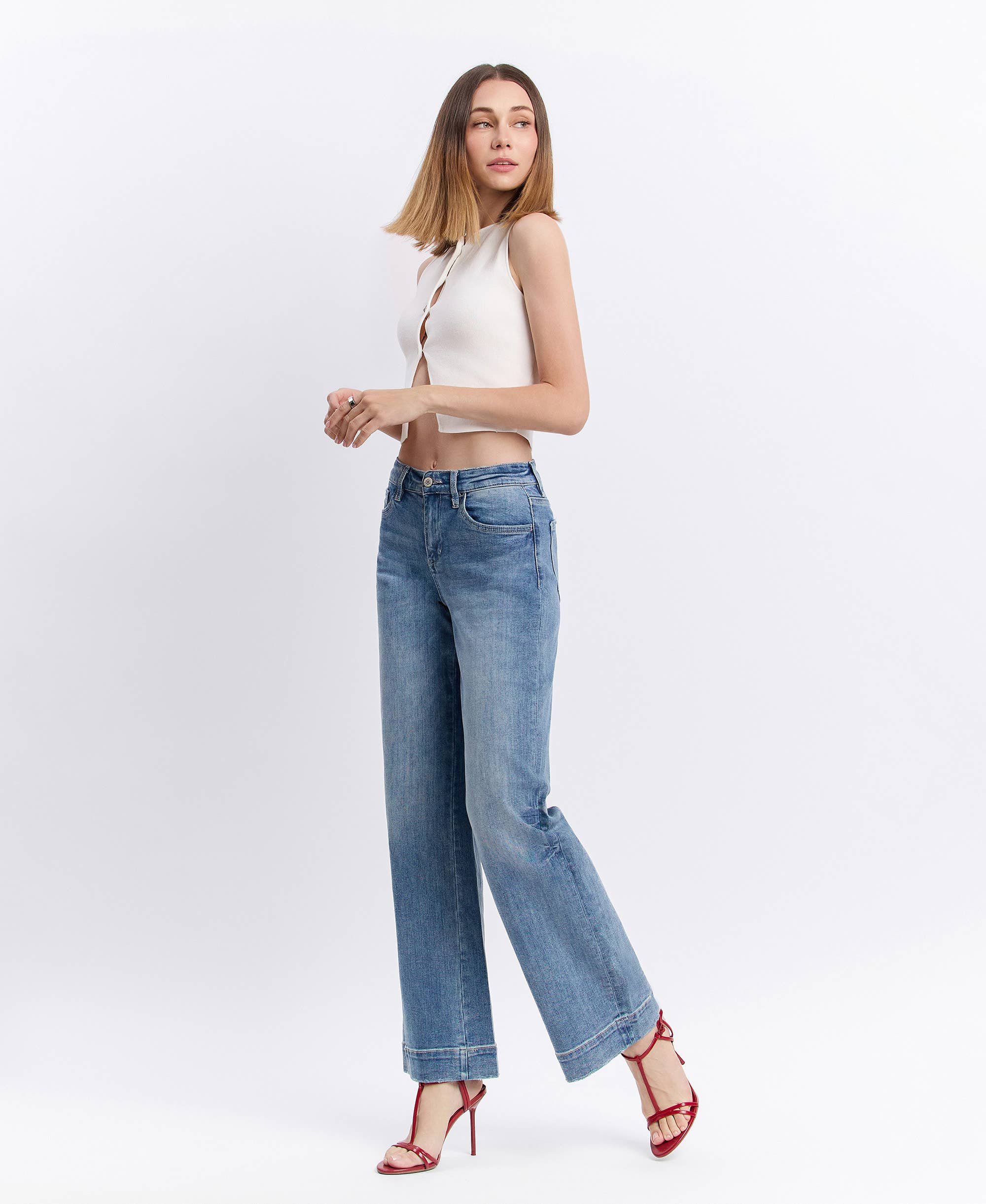 Wide Leg Jeans – High Rise Trouser Hem Full Length Denim