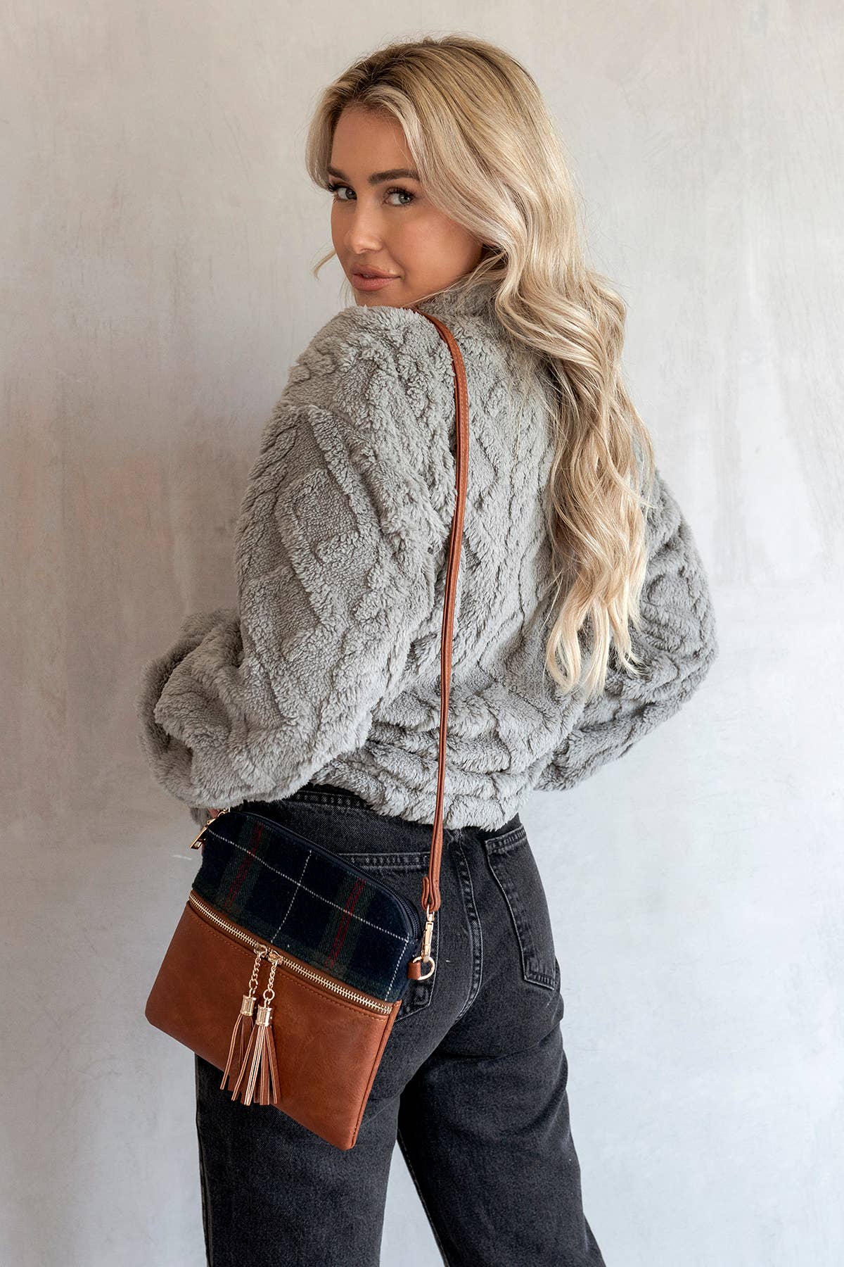 Tara Plaid Two-Tone Crossbody: Plaid-White Fall-Winter Jen & Co.