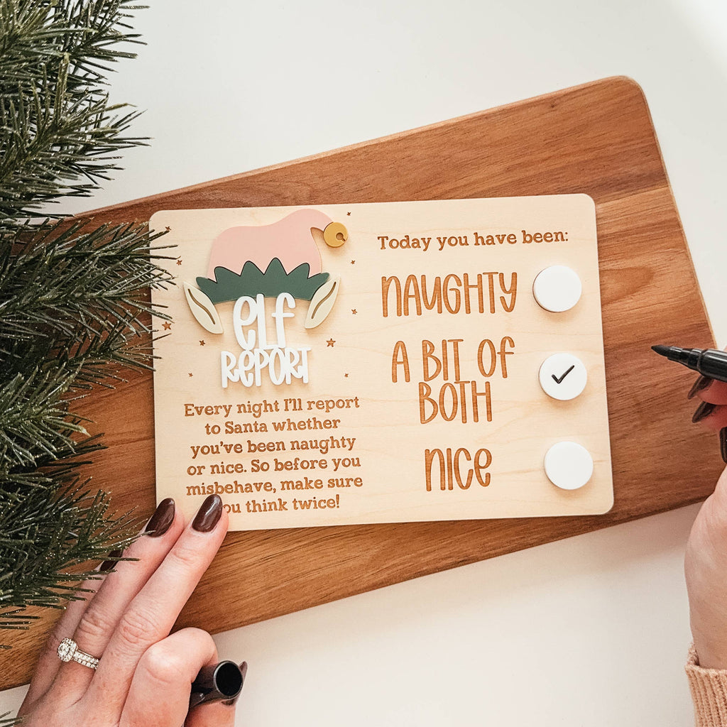 Wooden Elf Report Sign with 3D lettering and dry-erase circles for daily naughty or nice report, laser-cut natural maple Christmas decor