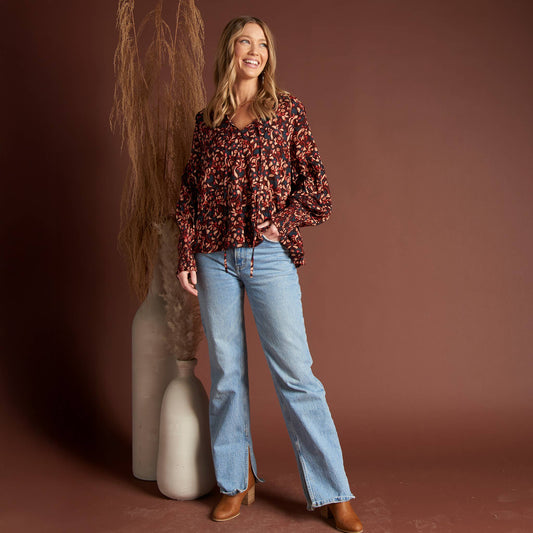 Elsie & Zoey - Drew Floral Fig V-Neck Long Sleeve Tiered Blouse