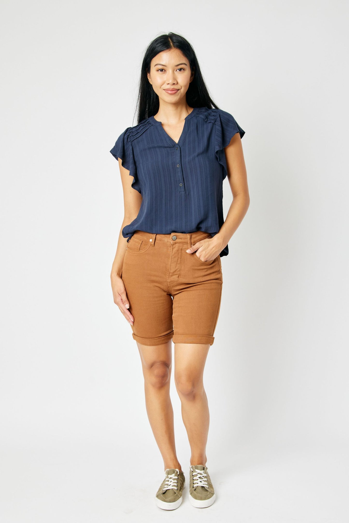 High Waist Brown Tummy Control Bermuda Shorts Spring-Summer Judy Blue