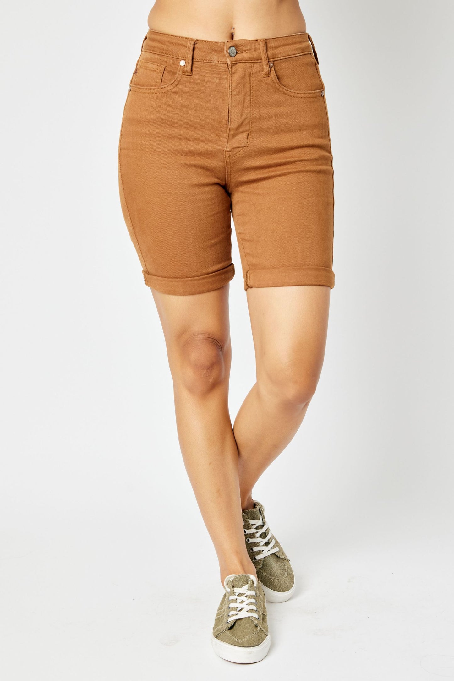 High Waist Brown Tummy Control Bermuda Shorts Spring-Summer Judy Blue