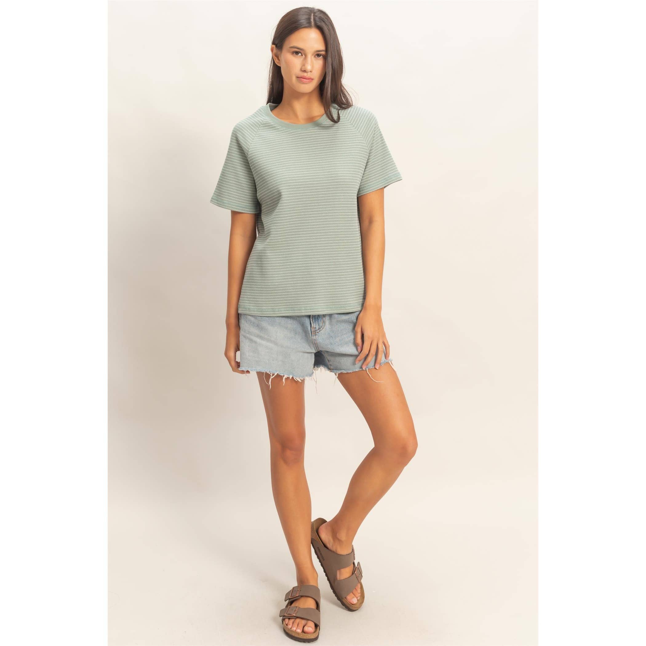 Textured Striped Raglan Sleeve Tee