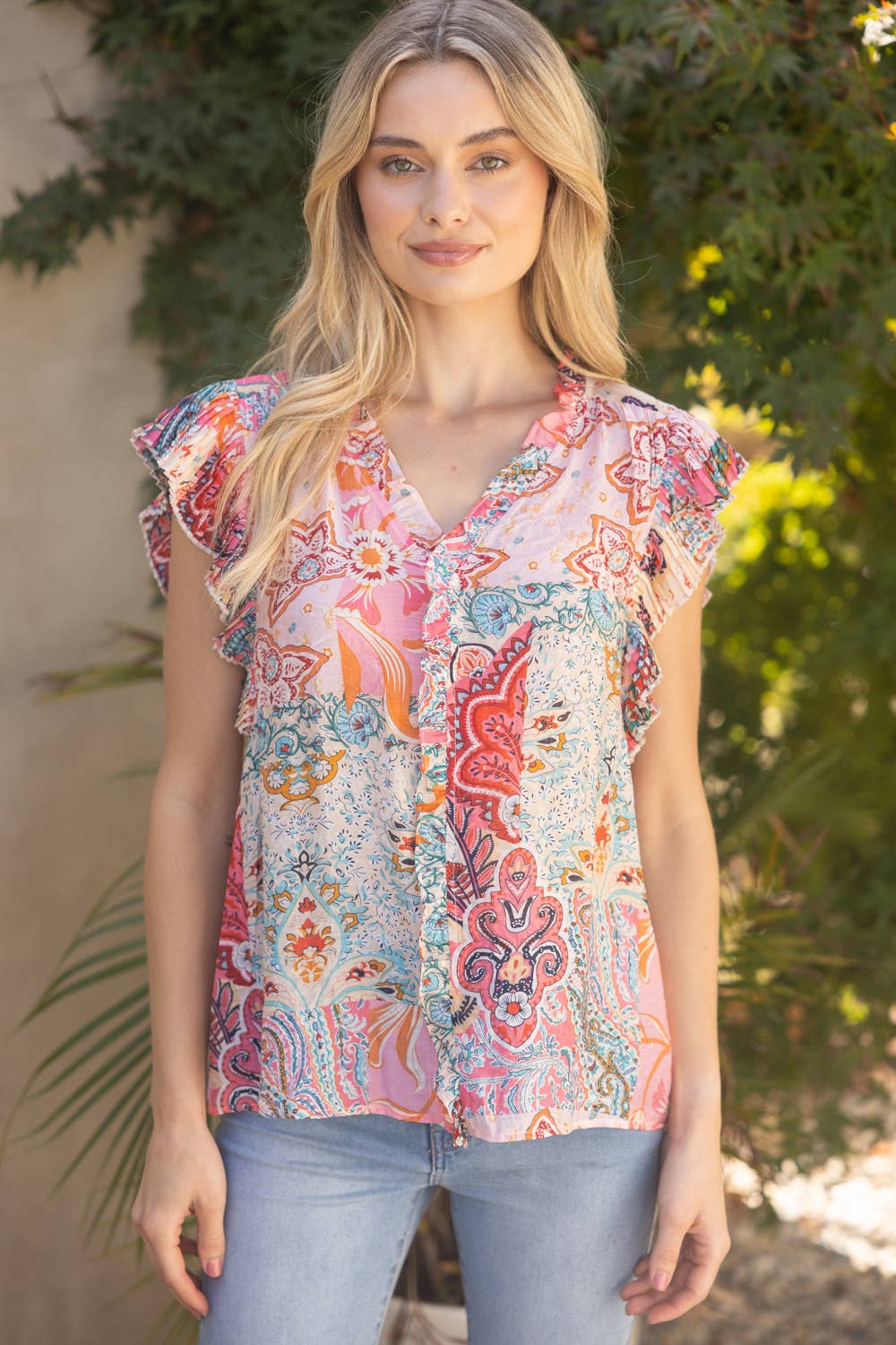 Pink Pleated Sleeve Mixed Paisley Print Button Up Top VOY