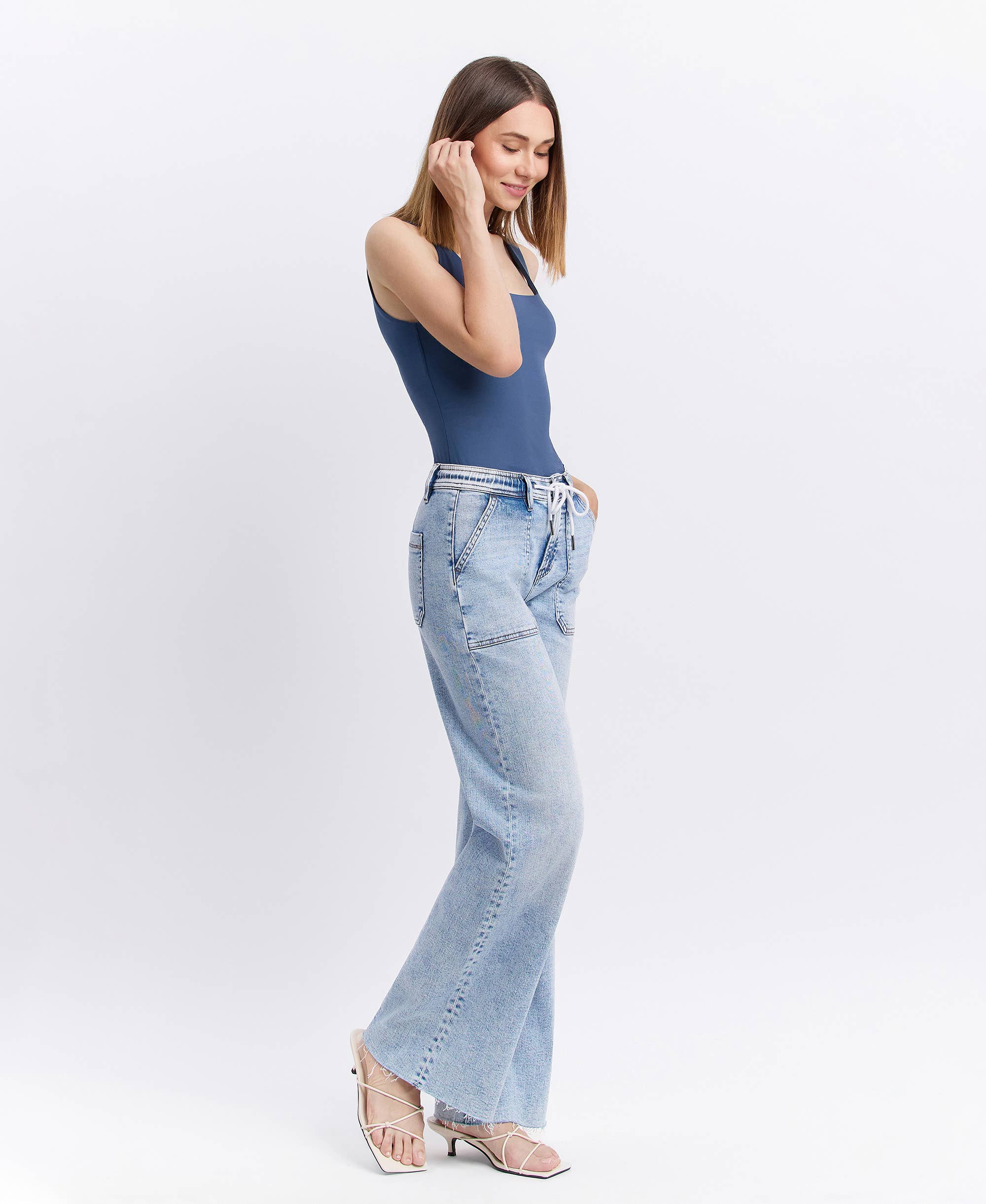 FLYING MONKEY - HIGH RISE DRAWSTRING WAISTBAND WIDE LEG JEANS F6065 FLYING MONKEY