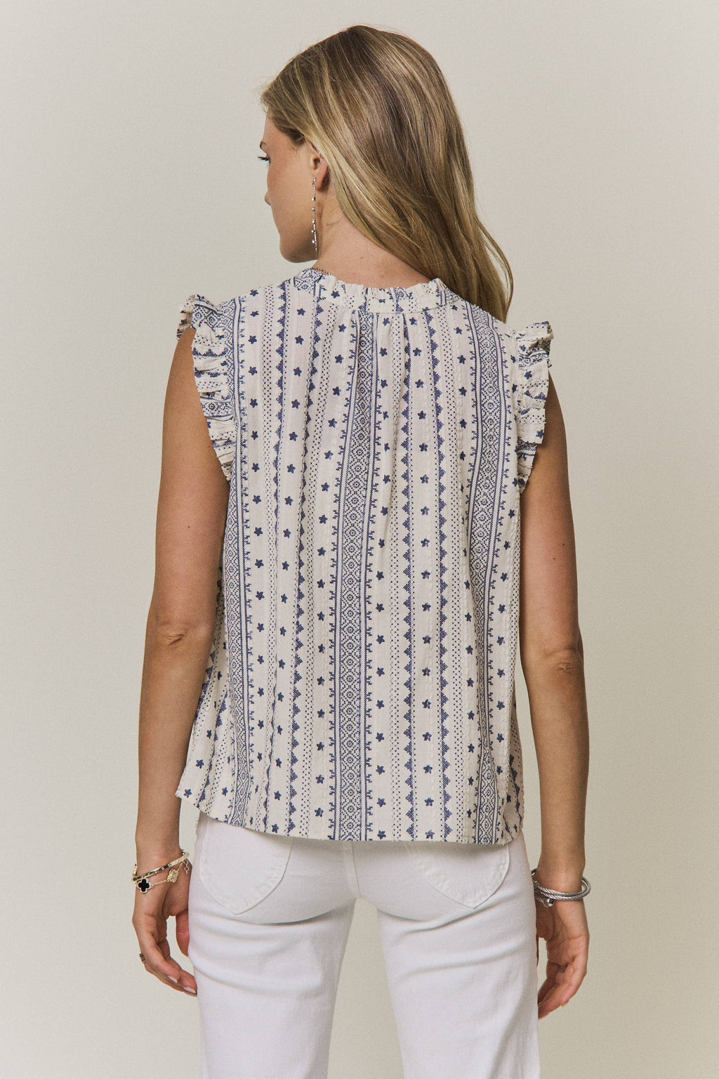 Boho Print Ruffle Cap Sleeve Blouse