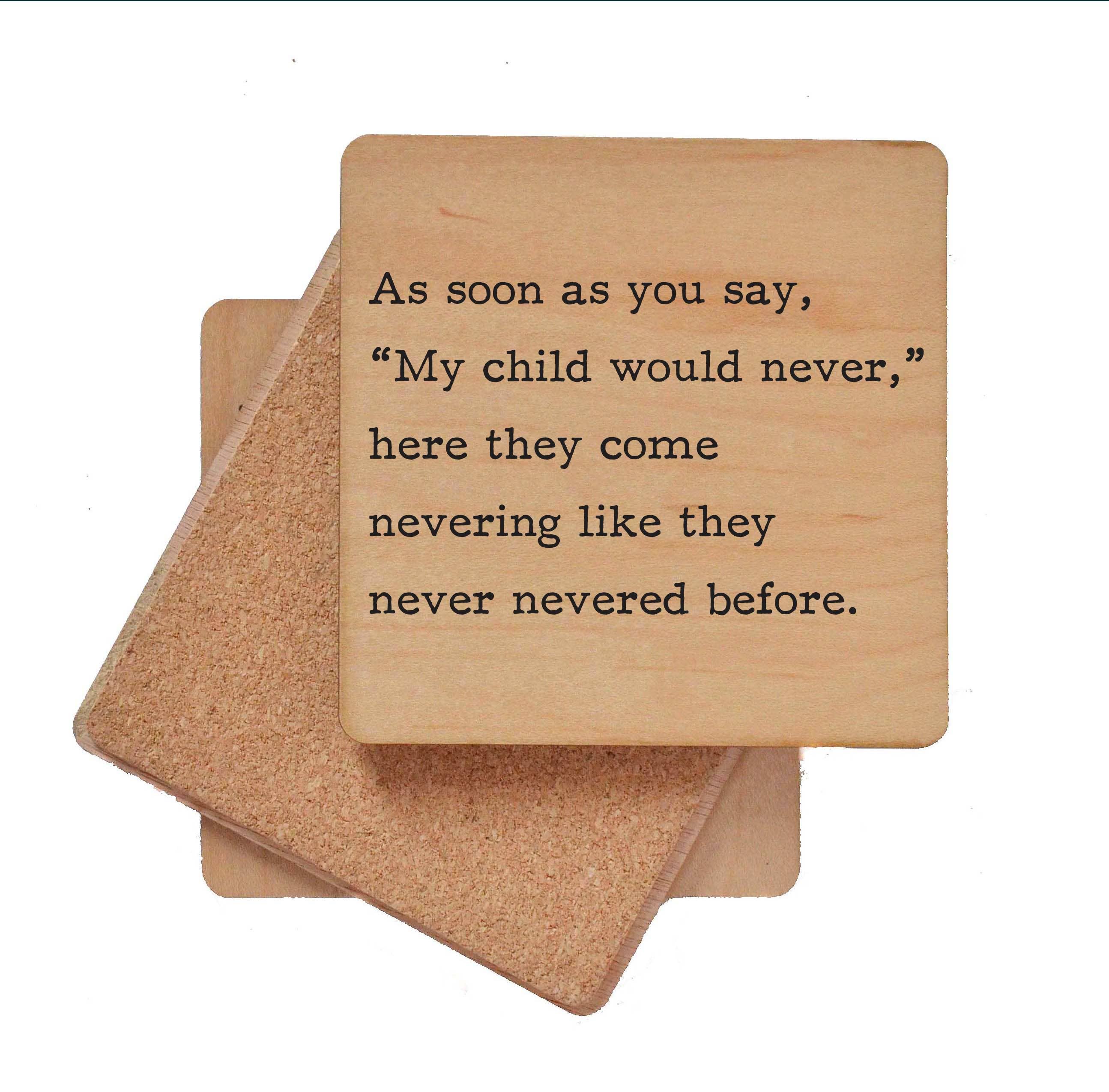 Funny wooden coasters small gift with humorous quote and cork backing for home bar protection