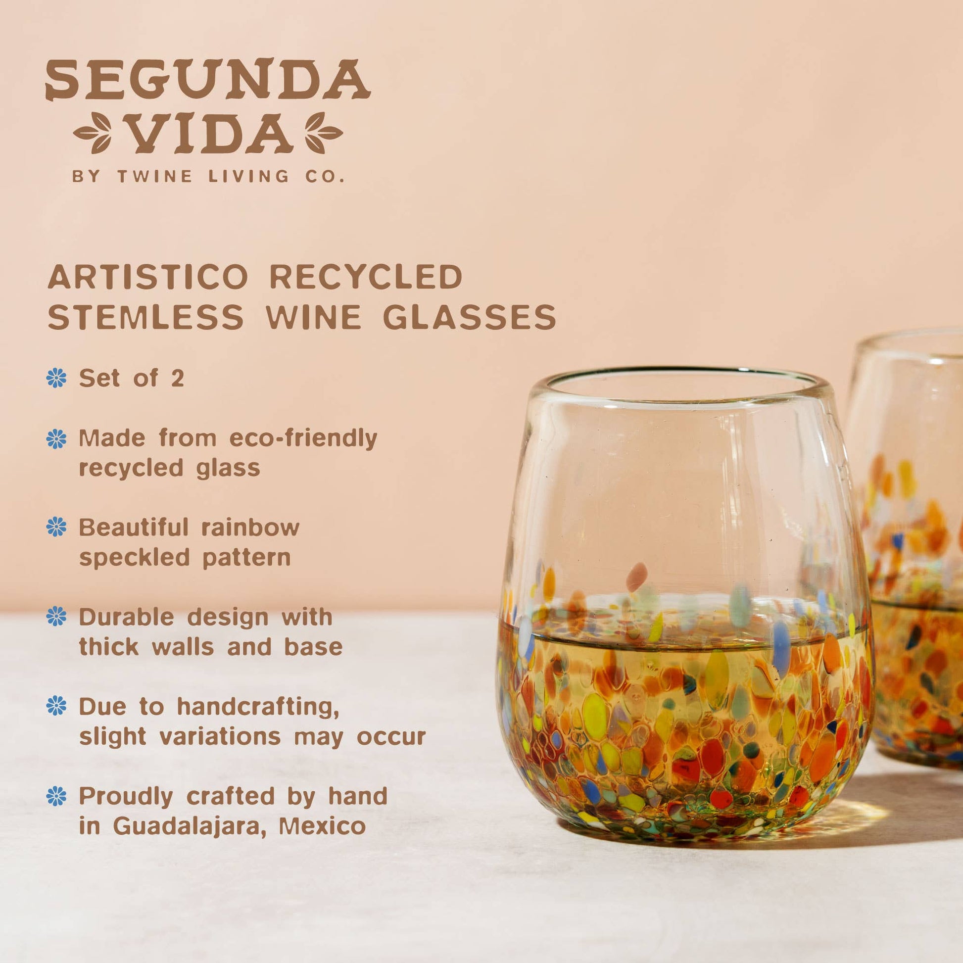 Artistico Recycled Glass Stemless Wine Glasses - Set of 2 Twine