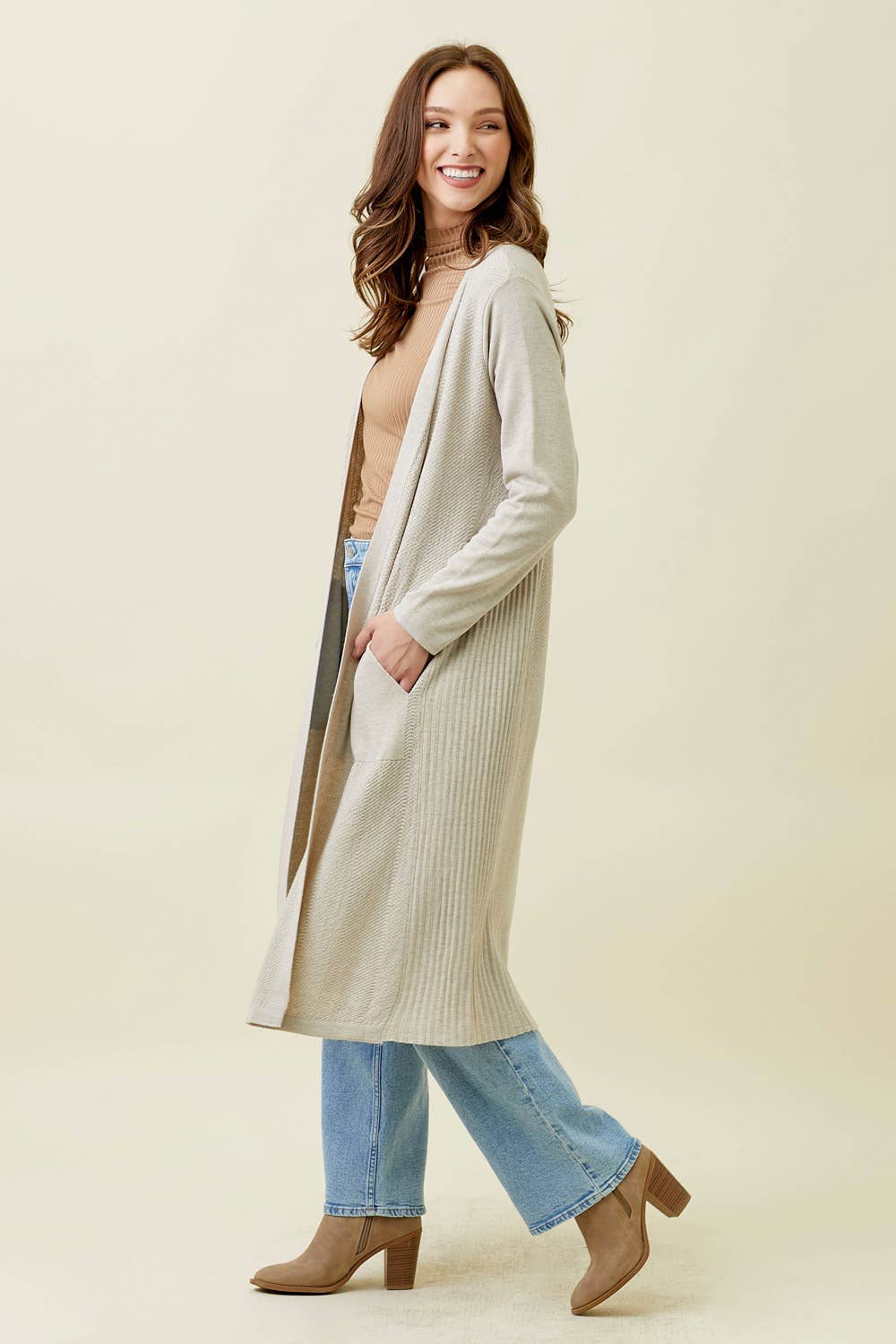 Almond Sweater Open Long Cardigan Fall-Winter Mystree